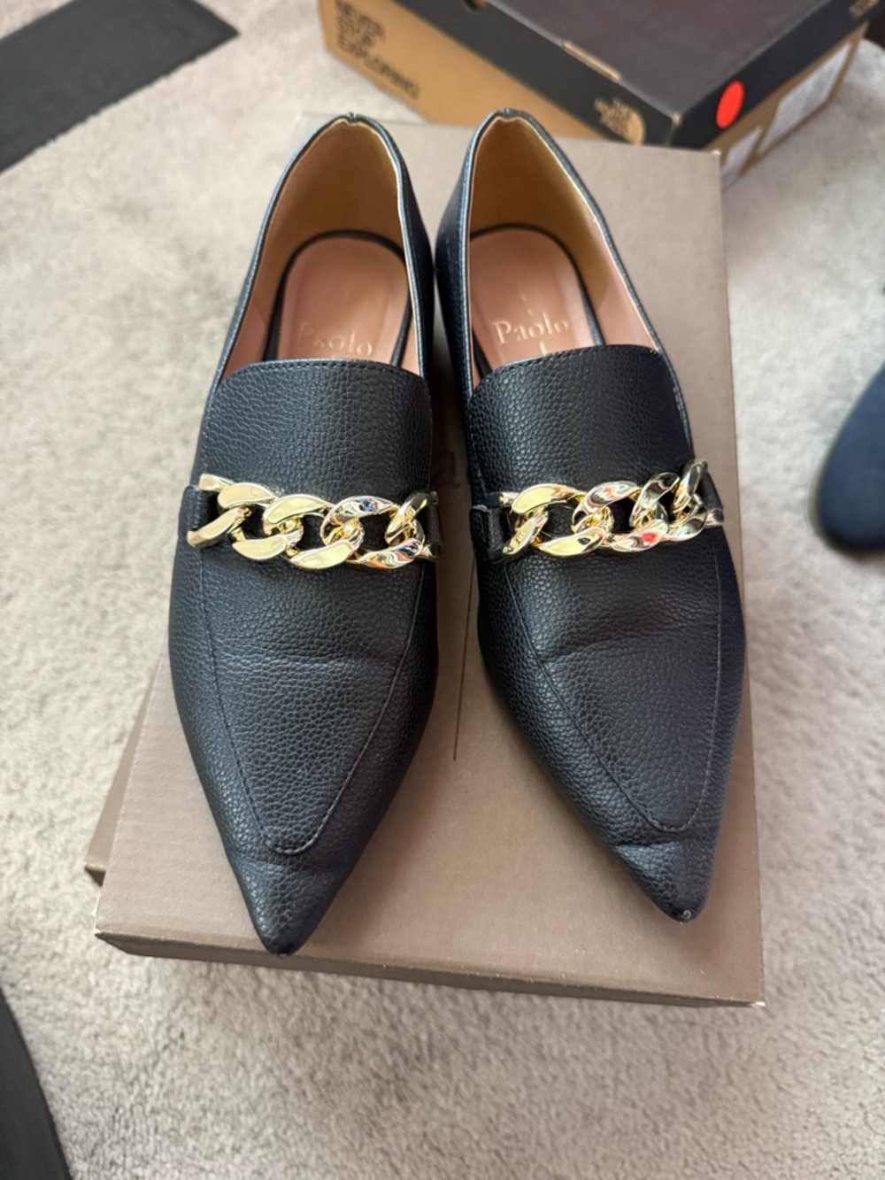 Paolo Black Pointed Loafers with Gold Chain Accent